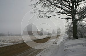 Octagonal barn in winter