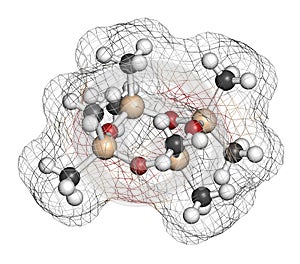 Octamethylcyclotetrasiloxane (D4 silicone) molecule. 3D rendering. Atoms are represented as spheres with conventional color coding