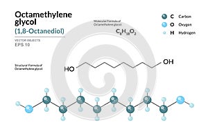 Octamethylene glycol. Structural Chemical Formula and 3d Model of Molecule. C8H18O2. Atoms with Color Coding. Vector graphic