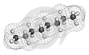 Octane hydrocarbon molecule. Component of petrol (gasoline). Atoms are represented as spheres with conventional color coding: