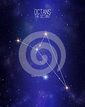 Octans the octant constellation map on a starry space background. Stars relative sizes and color shades based on their spectral