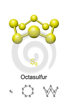 Octasulfur, S8, ball-and-stick model, molecular and chemical formula