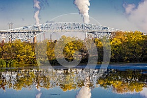 OCTOBER 15, 2016, George C. Platt Memorial Bridge and refinery smokestack, South of Philadelphia, PA