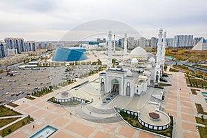 October 15, 2022 Astana, Republic of Kazakhstan: Landmark of the city Nur-Astana Mosque aerial shot from a drone