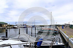 October 17 2021 - Altwarp, Mecklenburg-Western Pomerania, Germany: Boats in the port of Stettiner Haff