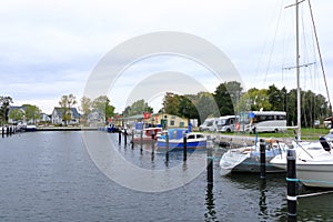 October 17 2021 - Altwarp, Mecklenburg-Western Pomerania, Germany: Boats in the port of Stettiner Haff