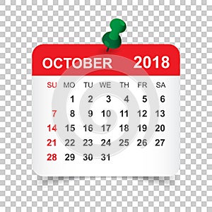 October 2018 calendar. Calendar sticker design template. Week st