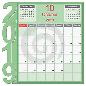October 2019 Calendar Monthly Planner Design
