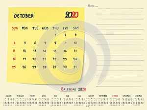 October 2020 Calendar Paper Note Design