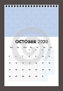 October 2020 calendar with wire band