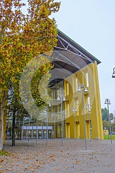 October 2021 Parma, Italy: Auditorium Paganini, Filarmonica Toscanini on sunny day across blue sky