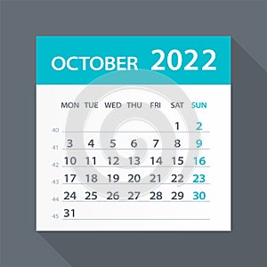 October 2022 Calendar Green Leaf - Vector Illustration. Week starts on Monday