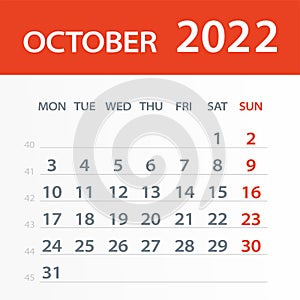 October 2022 Calendar Leaf - Vector Illustration. Week starts on Monday