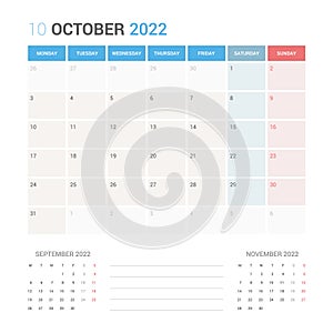 October 2022 Planner Calendar Week starts on Monday.