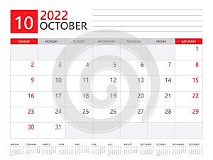 OCTOBER 2022 year, Calendar planner 2022 and Set of 12 Months, wall calendar 2022, calendar design vector
