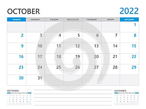 October 2022 year, Calendar planner 2022 and Set of 12 Months,  week start on Sunday. Desk calendar 2022 design, wall calendar