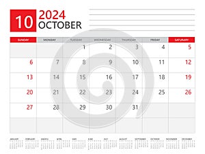 October 2024 year, Calendar planner 2024 and Set of 12 Months, week start on Sunday. Desk calendar 2024 design, simple and clean