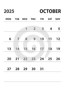 October 2025-Calendar 2025 template vector on white background, week start on monday, Desk calendar 2025 year, Wall calendar