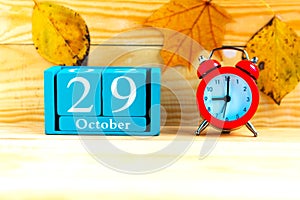 October the 29th. Blue cube calendar with month and date