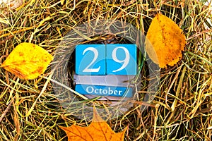 October 29th. Blue cube calendar with month and date