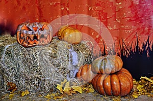 On October 31 holiday Halloween.Halloween design with pumpkins . Mixed media