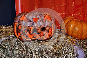 On October 31 holiday Halloween.Halloween design with pumpkins . Mixed media