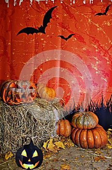 On October 31 holiday Halloween.Halloween design with pumpkins . Mixed media