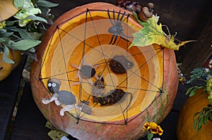On October 31 holiday Halloween.Halloween design with pumpkins . Mixed media
