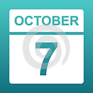 October 7. White calendar on a colored background. Day on the calendar. Seventh of october. Blue green background with gradient.