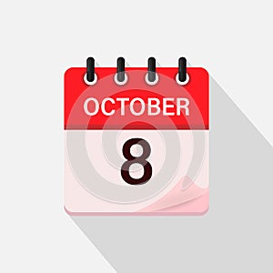 October 8, Calendar icon with shadow. Day, month. Flat vector illustration.