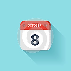October 8. Isometric Calendar Icon With Shadow.Vector Illustration,Flat Style.Month and Date.Sunday,Monday,Tuesday