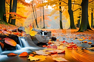 October autumn fall nature landscape scene with maple leaves and trees and flowing water