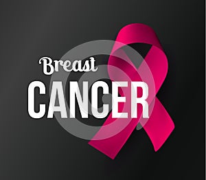 October awareness month symbol. Breast Cancer baner. Pink ribbon with white text on black background. Vector