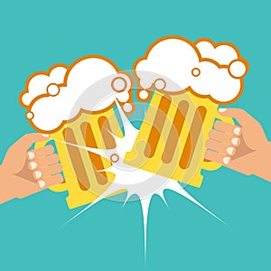 October Beer Festival. Two hands holding beer mugs. Vector