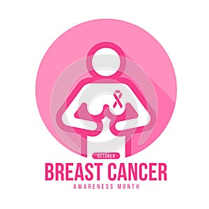 October - Breast cancer awareness month - Pink human holding hands on breast and attach the pink ribbon awareness on the chest in