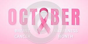 October breast cancer awareness month in. Realistic pink ribbon symbol. Medical Design. Vector illustration