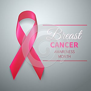 October breast cancer awareness month in. Realistic pink ribbon symbol. Medical Design. Vector illustration