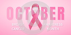 October breast cancer awareness month in. Realistic pink ribbon symbol. Medical Design. Vector illustration