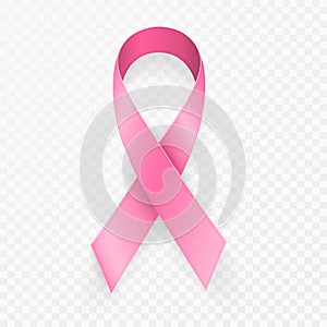 October breast cancer awareness month in. Realistic pink ribbon symbol on transparent background. Medical Design. Vector illustrat
