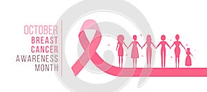 October Breast cancer awareness month text and group of woman hand hold hand to hope on pink ribbon sign vector Design