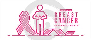 October, Breast cancer awareness month text and line pink human holding hands on breast sign stand on pink ribbon awareness sign