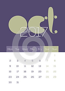 October 2017 Calendar - creative, modern, clean and fresh