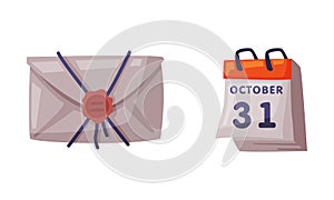 31 october calendar and old envelope. Witchcraft attributes, halloween objects cartoon vector illustration