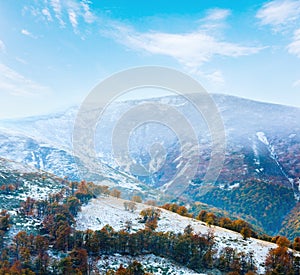 October Carpathian mountain Borghava plateau with first winter snow and autumn colorful trees, Ukraine