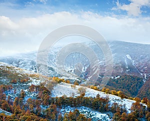 October Carpathian mountain plateau with first winter snow and autumn colourful foliage. Ukraine