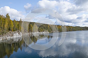 October day at an old flooded marble quarry in the vicinity of Ruskeala. Karelia, Russia