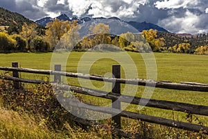 OCTOBER 1, 2016 - Double RL Ranch near Ridgway, Colorado USA with the Sneffels Range in the San Juan Mountains photo