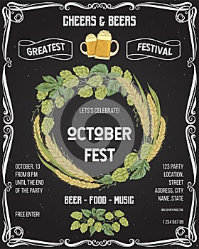 October fest beer festival. Cheers and beers invitation with hop, wheat and glasses of beer on chalkboard background. Design templ photo