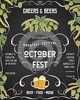 October fest beer festival. Cheers and beers invitation with hop, wheat and glasses of beer on chalkboard background. Design templ photo