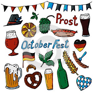 October fest set of vector icons, hand drawn illustration. Beer,hop,german flag, hat, pretzel, bakery food, wheat
